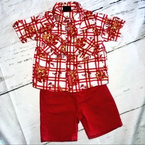 Akademiks Hawaiian Shirt & Red Jean Shorts EUC
